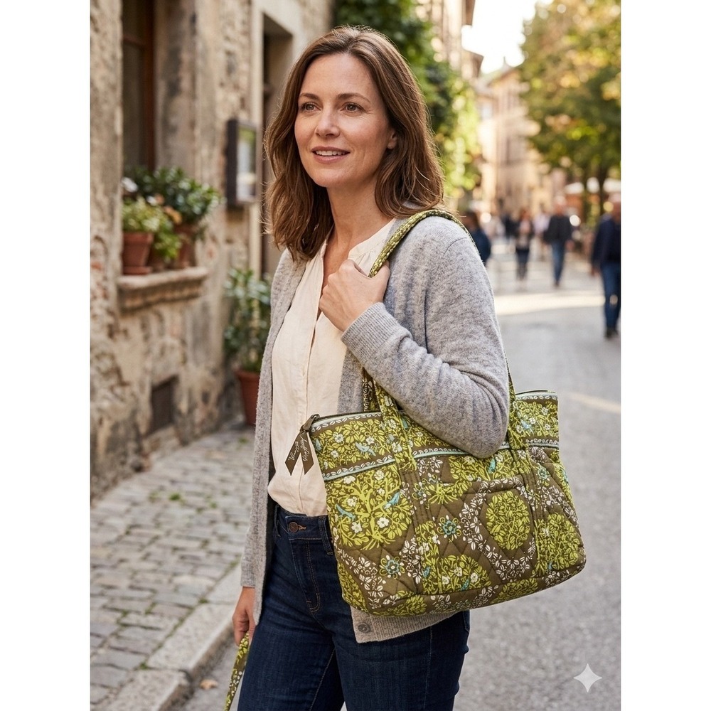 Vera Bradley Sittin' in a Tree Print Green Floral Quilted Tote Shoulder Bag Zip